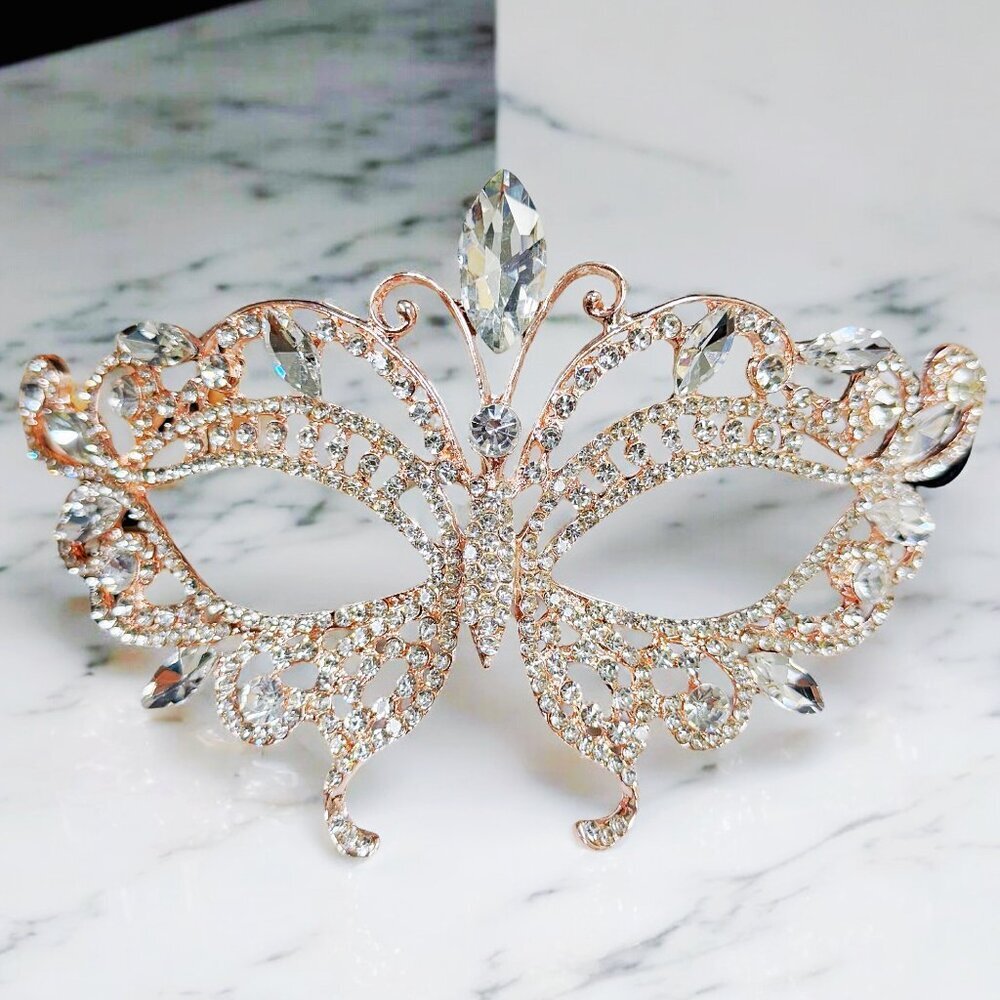 Butterfly Masquerade Mask, Wedding Party Rose Gold Mask, Clear Crystal Mask
